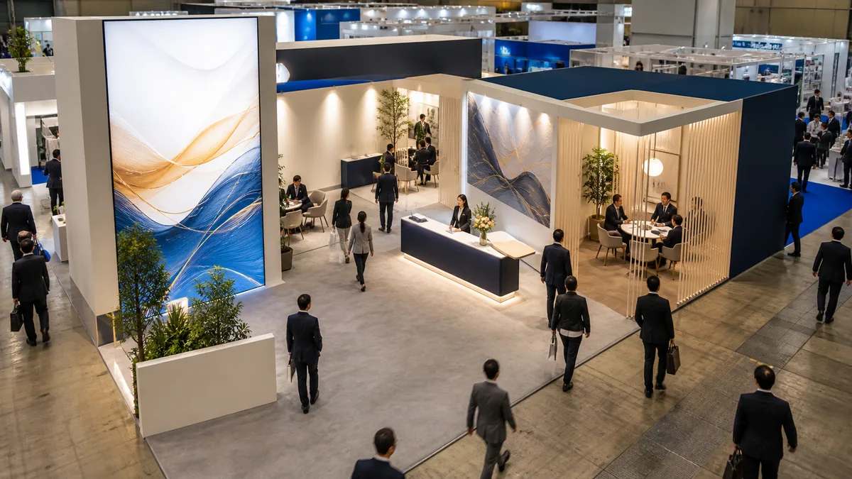 展示会場に設営されたブースと、通路を歩く来場者。高さのある内照式グラフィックが遠くからでも目を引いている